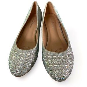 FOREVER Silver Rhinestone Encrusted Slip On Formal Shoes with Low Wedge Size 7.5